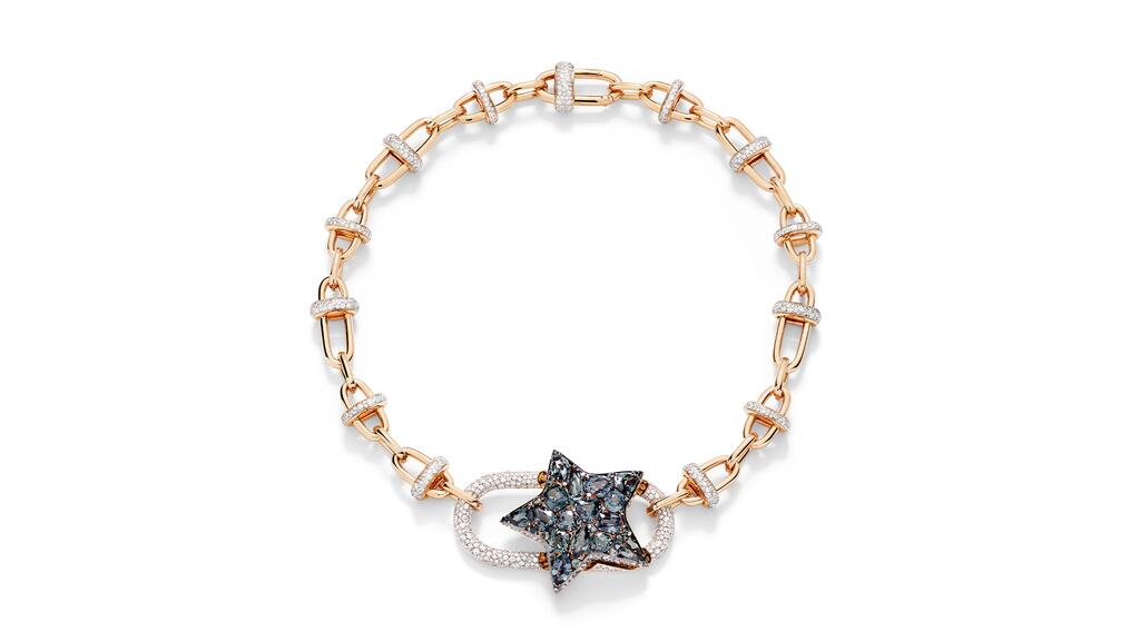 The “Cielo Stellato” 18-karat rose gold necklace with 10.28-carats of diamonds set on white-rhodium plated rose gold and a star made of 20.86-carats of gray spinels, 0.26-carats of gray sapphires, and 0.17-carats of blue spinels set on 18-karat black rhodium-plated rose gold Cielo Stellato Necklace